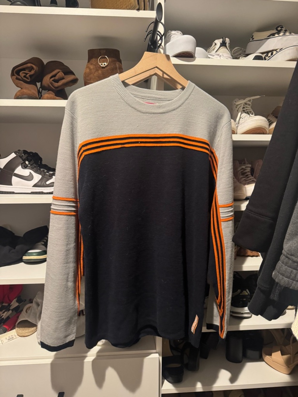 UNIONBAY Men's Crewneck Sweater in Black, Light Gray & Orange Stripes